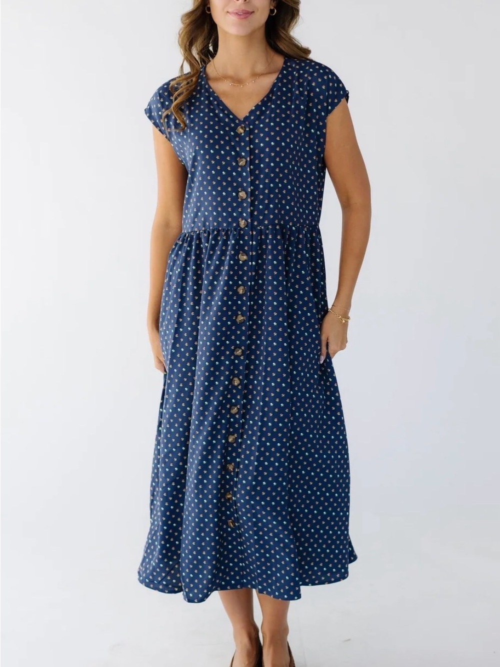 Brass & Roe XL Navy Ditsy Floral Button Front Midi Dress Cottagecore Prairie